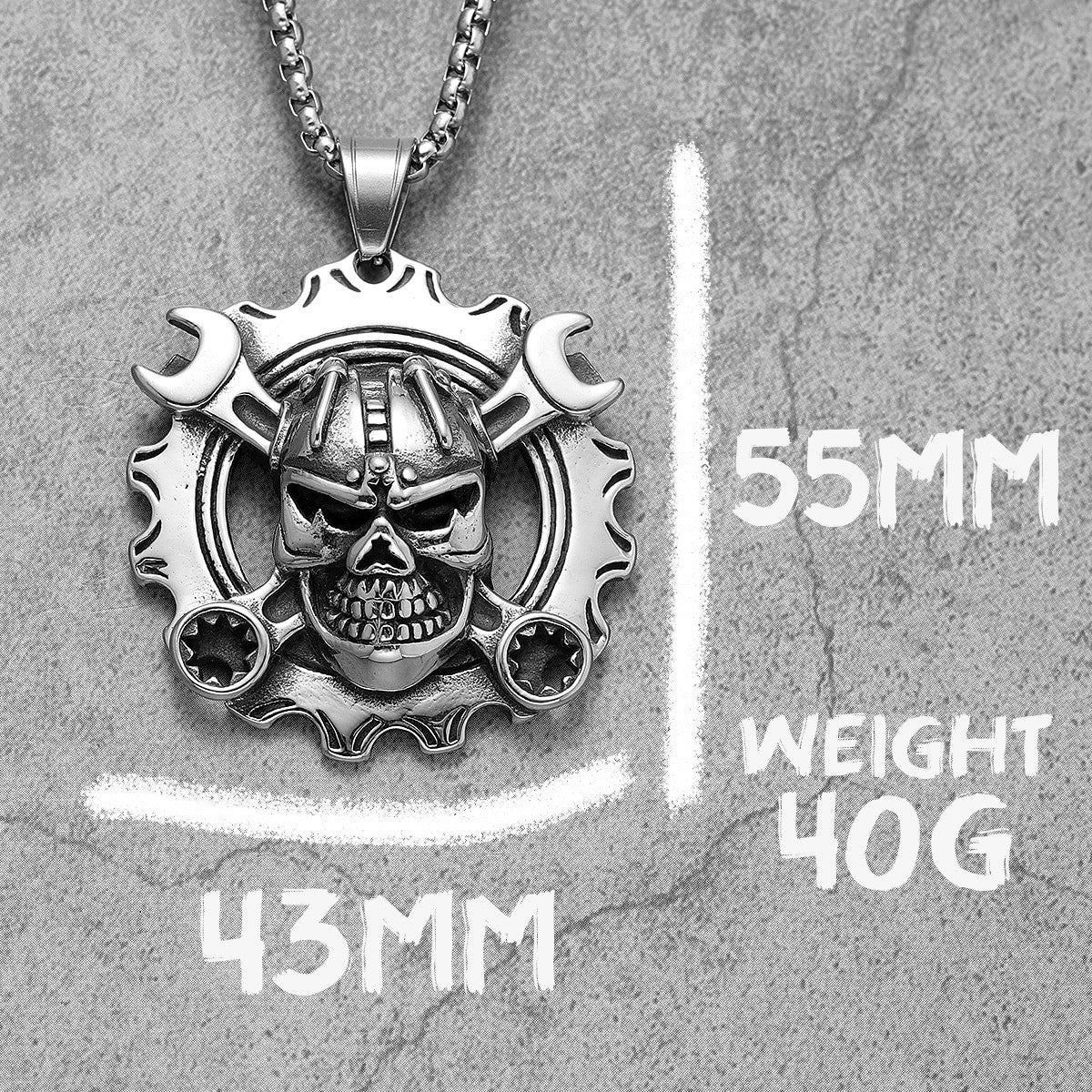 Grease Monkey Mechanical Wrench No Fade Stainless Steel Biker Boy Skull Pendant