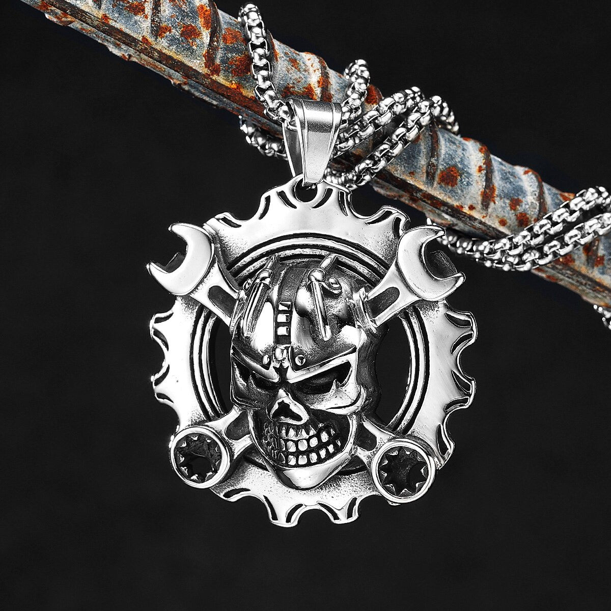 Grease Monkey Mechanical Wrench No Fade Stainless Steel Biker Boy Skull Pendant