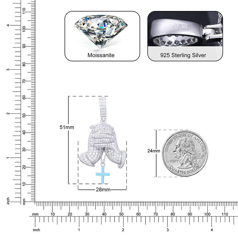 Mens Hip Hop Genuine VVS Diamond Solid Sterling Silver Prayer Hands Cross Pendant