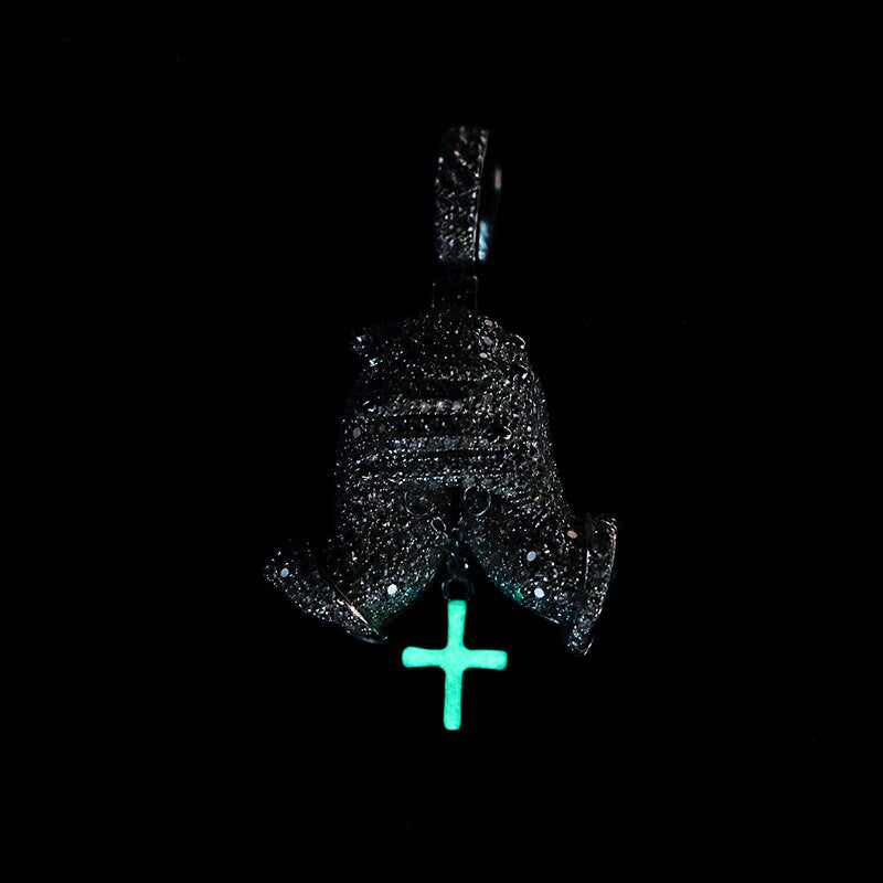 Mens Hip Hop Genuine VVS Diamond Solid Sterling Silver Prayer Hands Cross Pendant