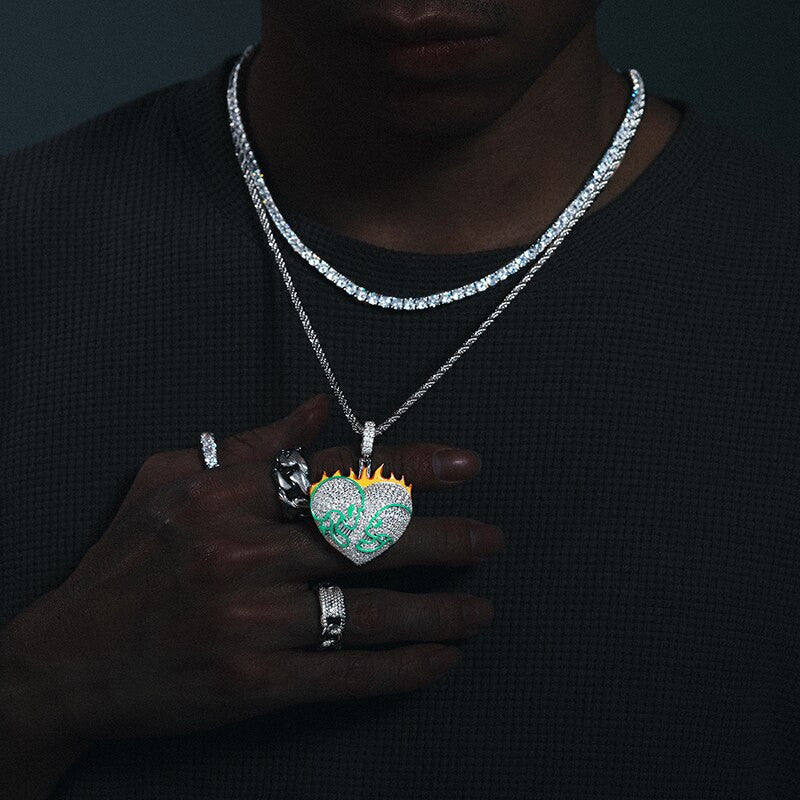 Loyalty Till The End Genuine VVS Diamond Solid 925 Silver Heart Skulls Hip Hop Pendant