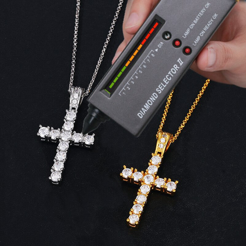 Iced Solid Sterling Silver VVS Lab Diamond Cross Pendant Hip Hop Chain