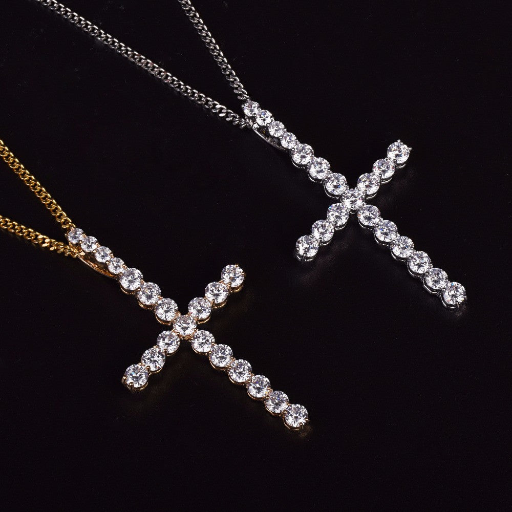 22k Gold .925 Silver AAA Micro Pave Bling Bling All Ice Cross Chain Pendant