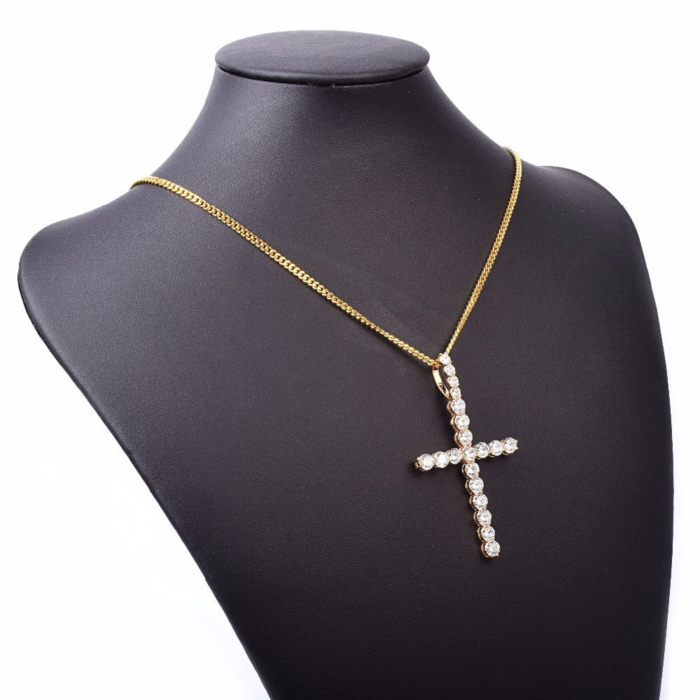 22k Gold .925 Silver AAA Micro Pave Bling Bling All Ice Cross Chain Pendant