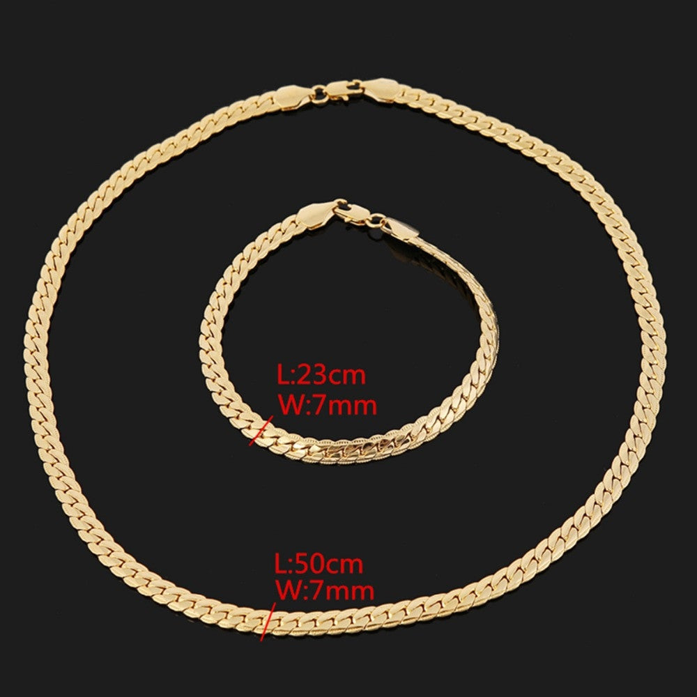 24k Gold 7mm Cuban Link Snake Chain Necklace Bracelet Combo Set