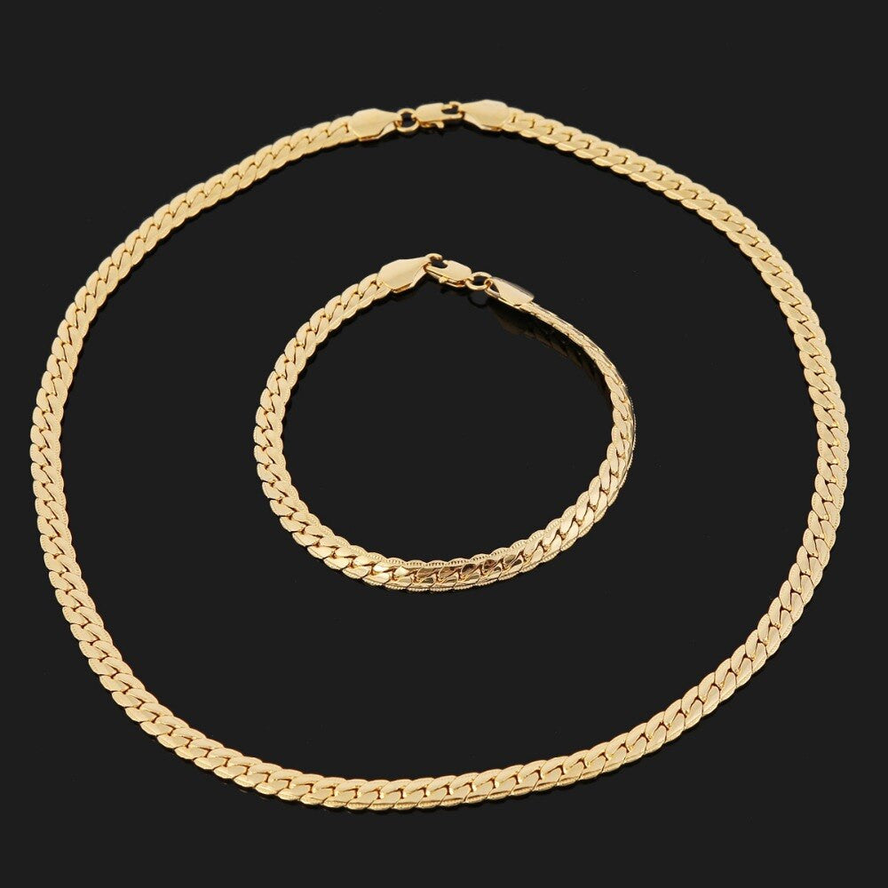  7mm 14k Gold Cuban Link Snake Chain Necklace Bracelet Combo Set