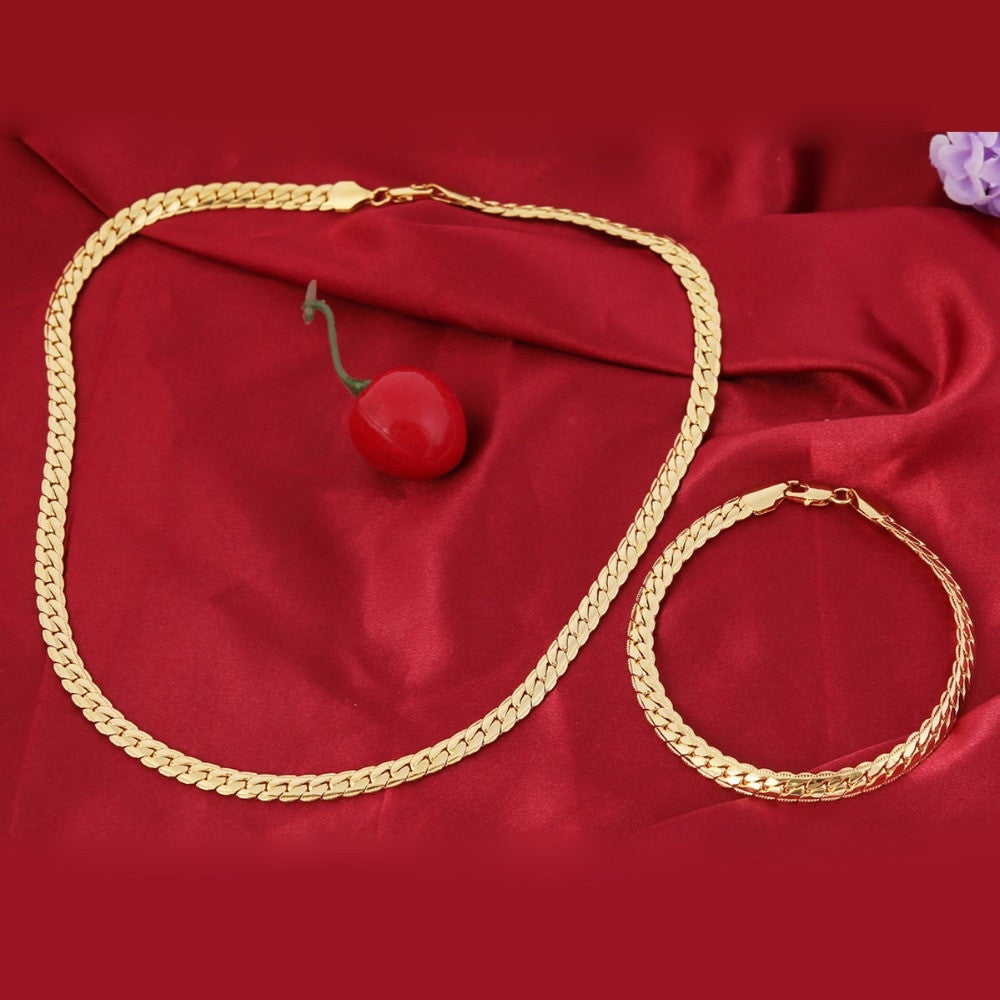 24k Gold 7mm Cuban Link Snake Chain Necklace Bracelet Combo Set