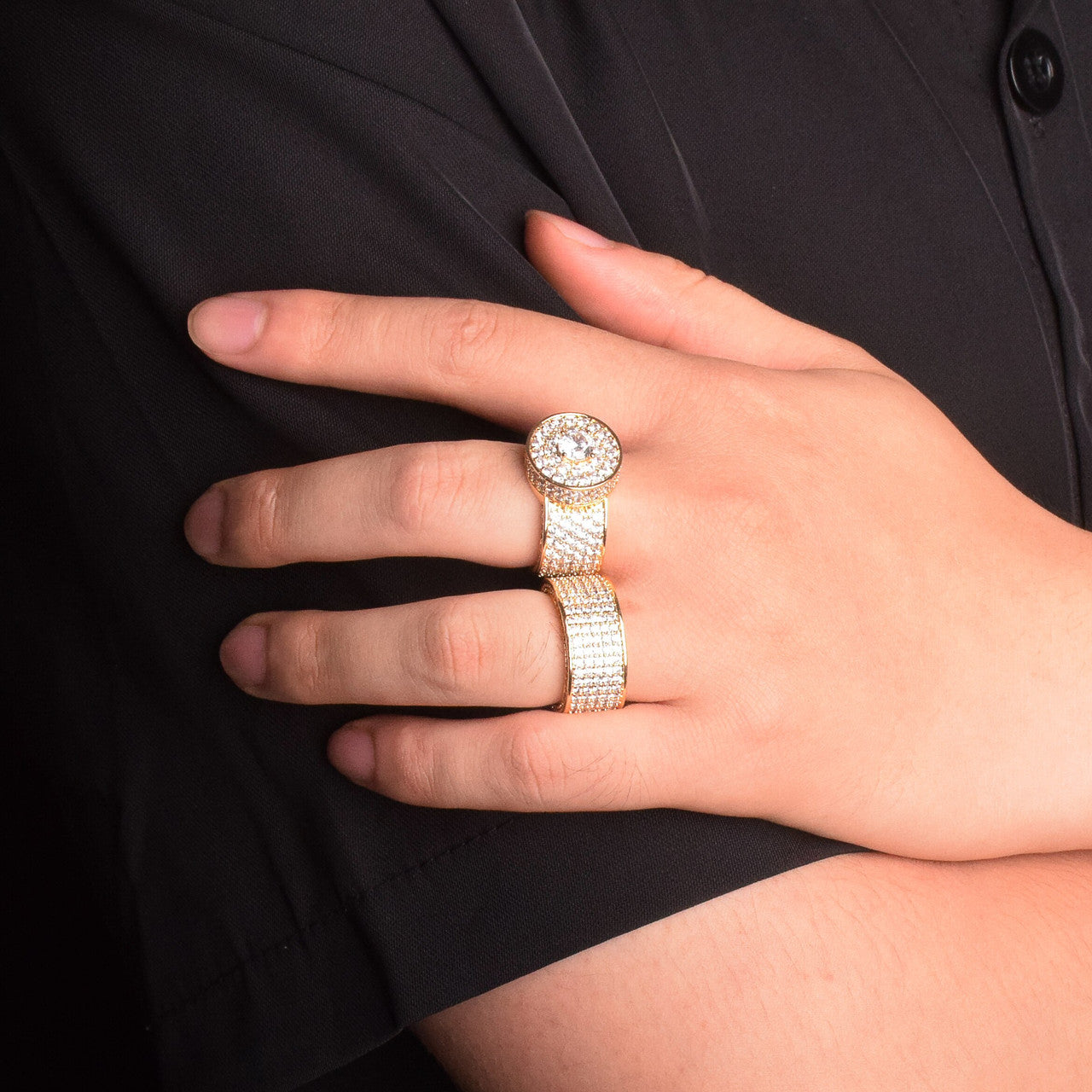 Mens Flooded Ice Micro Pave 18k 925 Circle Centerstone Hip Hop Rings