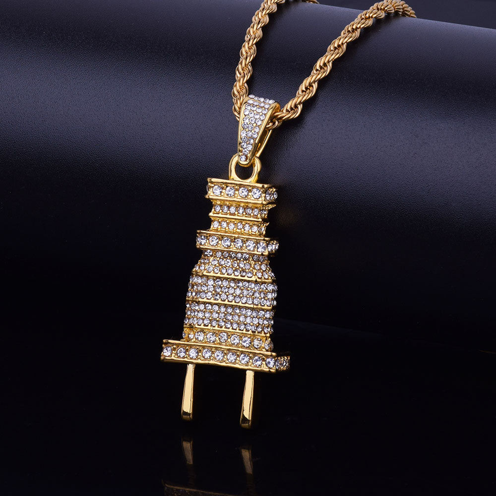 .925 Silver 18k Gold Men's AAA True Micro Pave Flooded Ice Power Plug Hip Hop Pendant Necklace