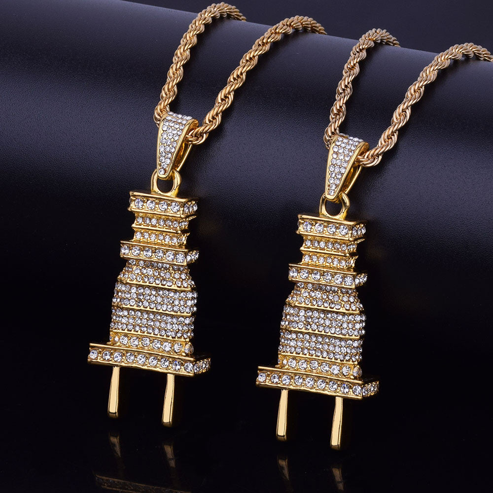 .925 Silver 18k Gold Men's AAA True Micro Pave Flooded Ice Power Plug Hip Hop Pendant Necklace