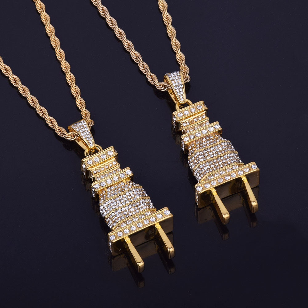 .925 Silver 18k Gold Men's AAA True Micro Pave Flooded Ice Power Plug Hip Hop Pendant Necklace