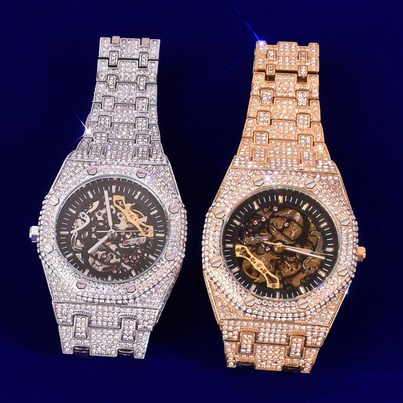 18k .925 Silver Rose Gold Men's Mechanical Dial Luxury Fully Iced Wrist Watch