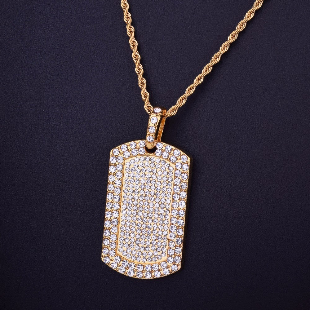 Flooded Ice AAA Cluster Handset Stone Dog Tag 14k Gold Bling Chain Pendant