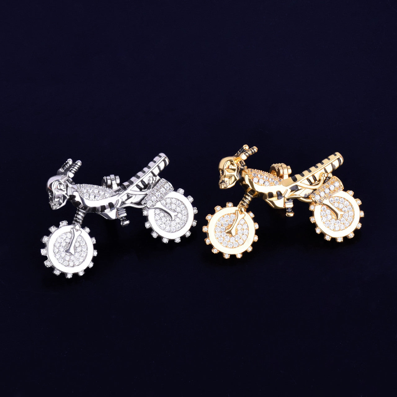 Skull Head Ghost Rider 18k Gold .925 Silver Skeleton Bike Motorcycle Iced Pendant Chain Necklace