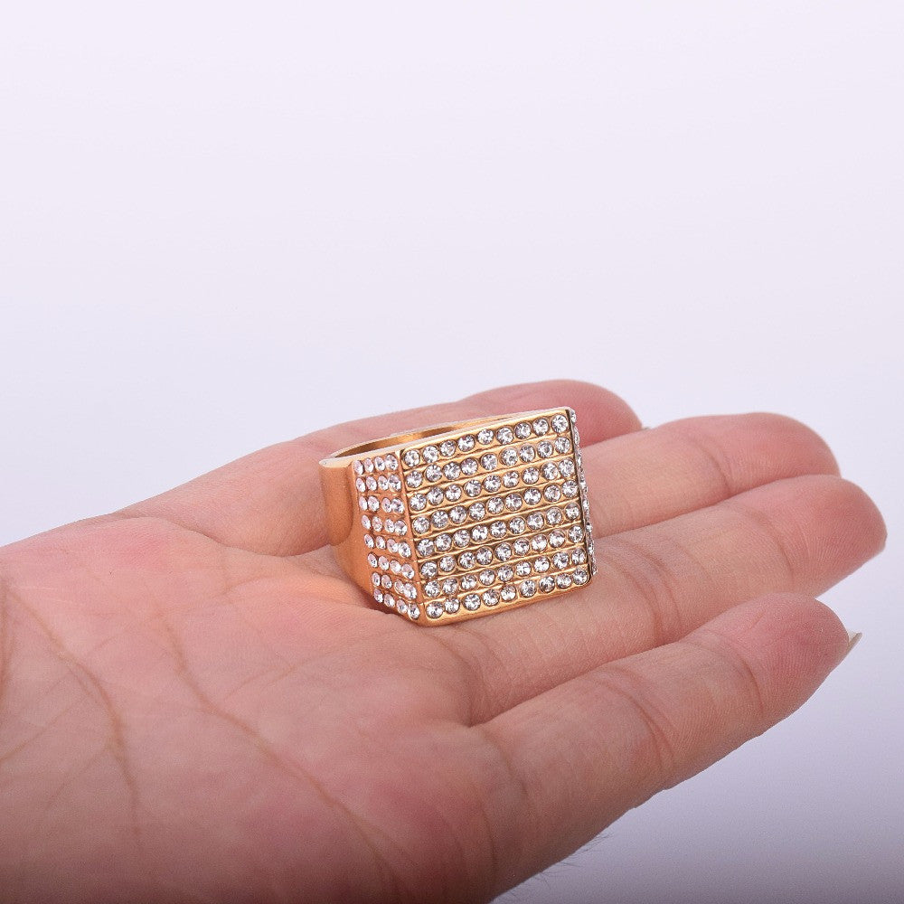 Men's Stainless Steel 14k Gold Squared Hip Hop Jewelry Iced Out Ring