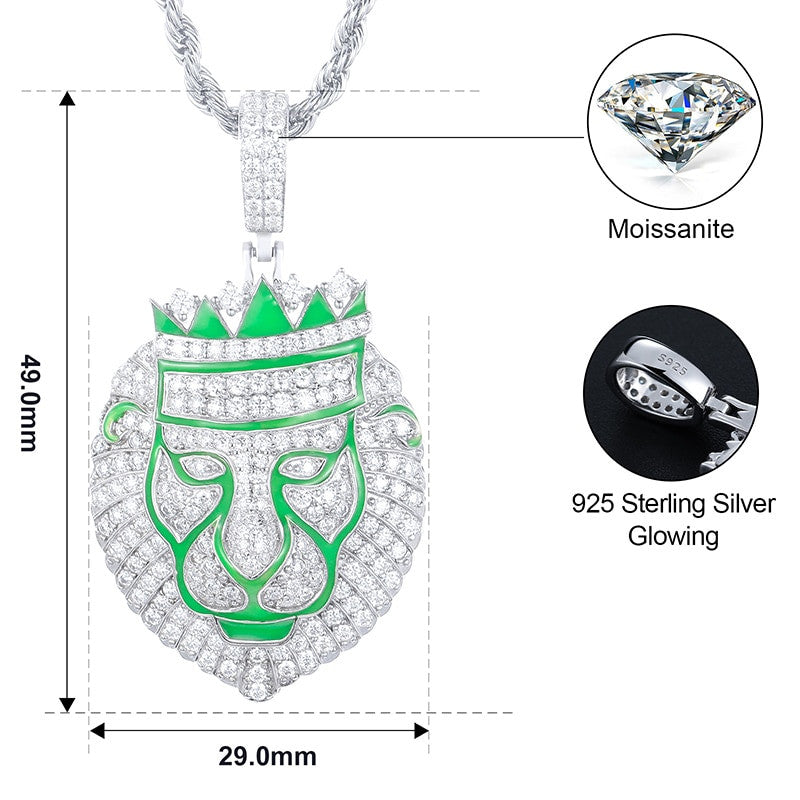 Mens Iced Alpha Lion Genuine VVS Lab Diamond Glow in the Dark Solid 925 Hip Hop Chain