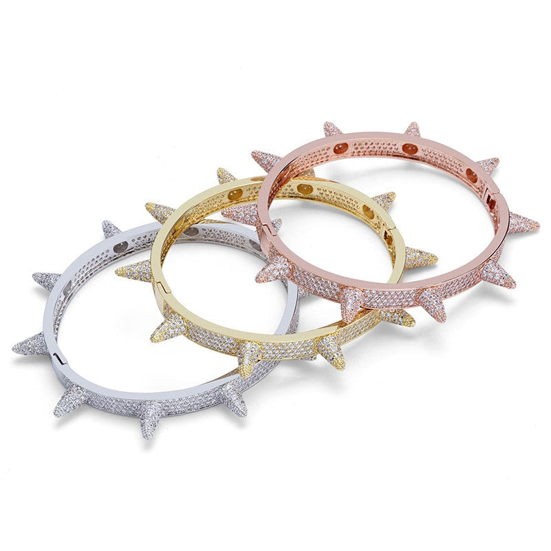 Micro Paved AAA Lab Diamond Stone Rivet Spike Open Cuff Bangle Bracelet