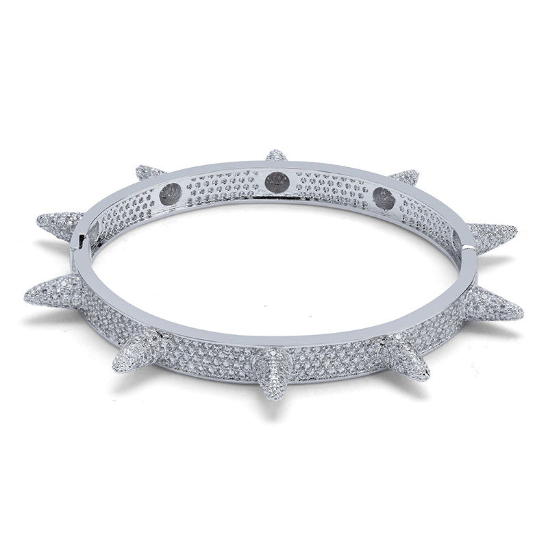 Micro Paved AAA Lab Diamond Stone Rivet Spike Open Cuff Bangle Bracelet