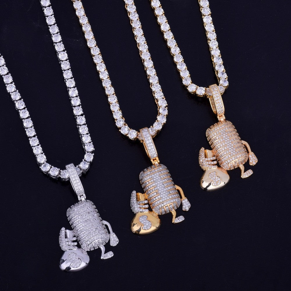 18k Gold .925 Silver Microphone Money Bag Hip Hop Pendant Chain Necklace