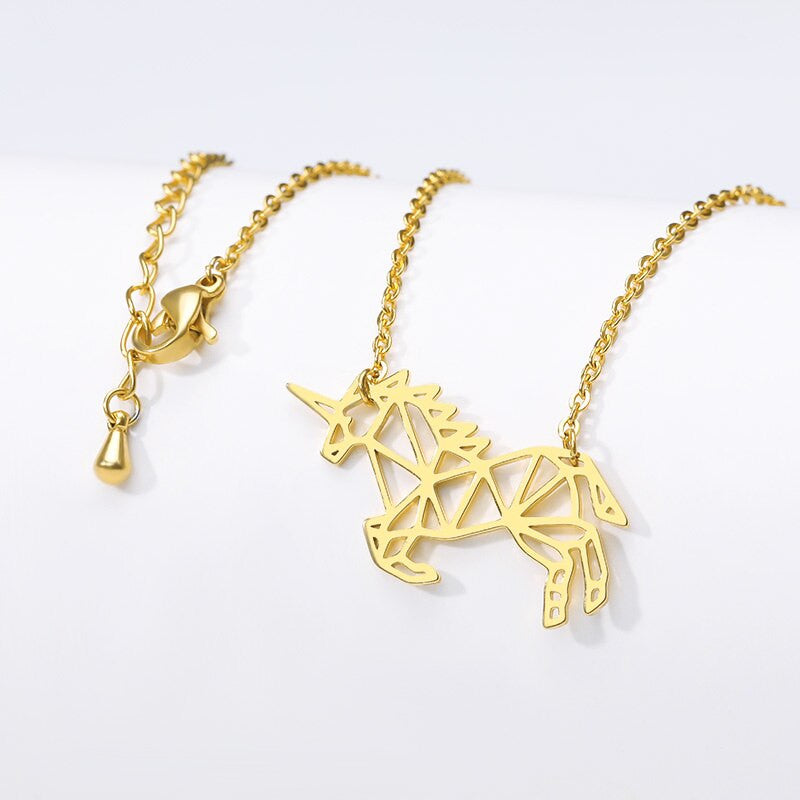 Ladies Boho Fashion Rose Yellow Gold Platinum over Stainless Steel Lucky Origami Unicorn Necklaces