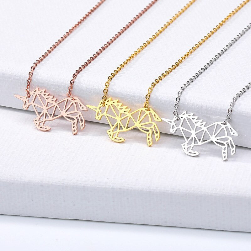 Ladies Boho Fashion Rose Yellow Gold Platinum over Stainless Steel Lucky Origami Unicorn Necklaces