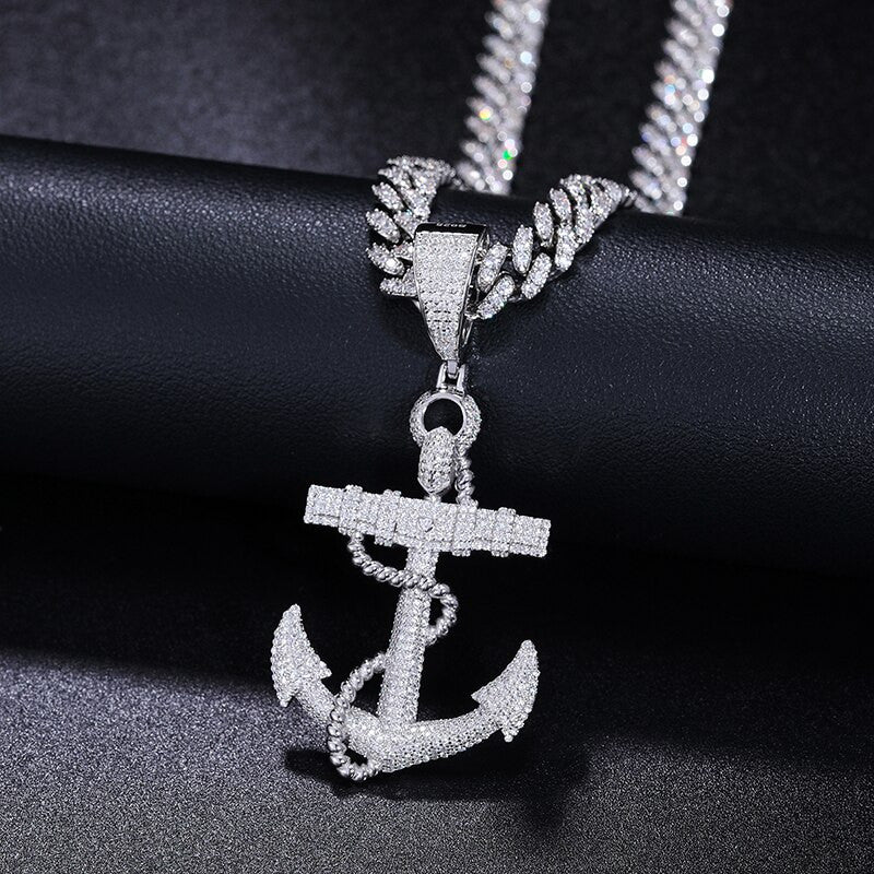 Mens Flooded Ice VVS Diamond Solid 925 Silver Hip Hop Anchor Chain Pendant