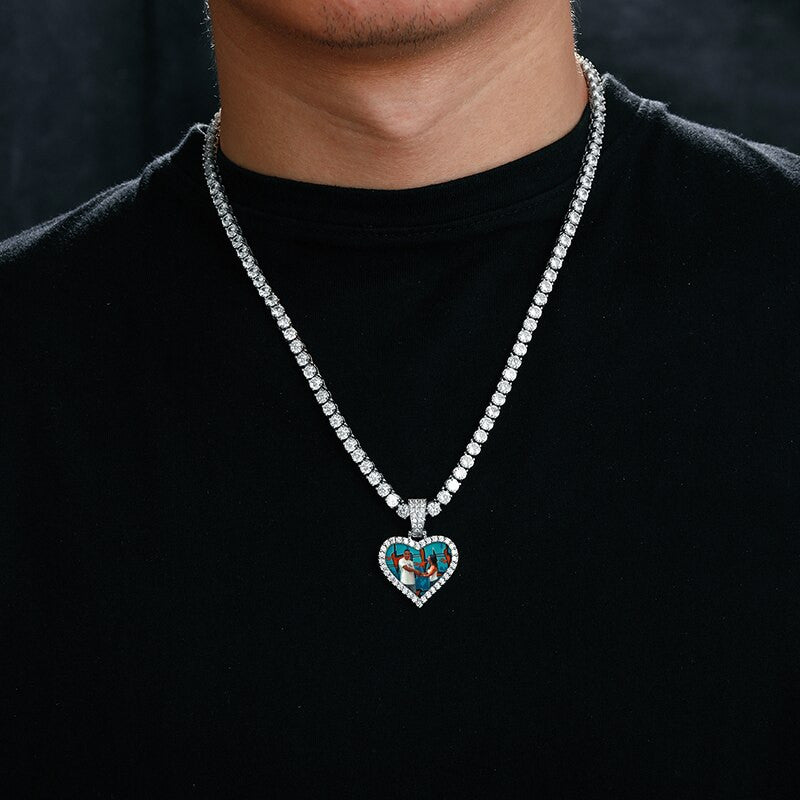 Genuine Lab Diamond VVS Heart Shape Memory Photo Picture Hip Hop Chain