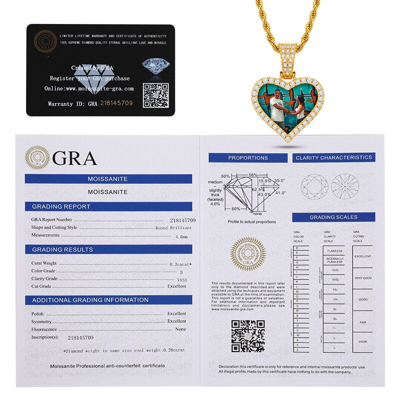 Genuine Lab Diamond VVS Heart Shape Memory Photo Picture Hip Hop Chain