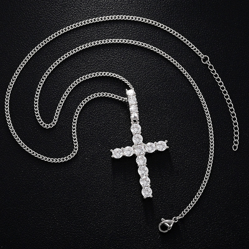 Mens Genuine Diamond Flooded Ice Cross Hip Hop Pendant Chain Necklace