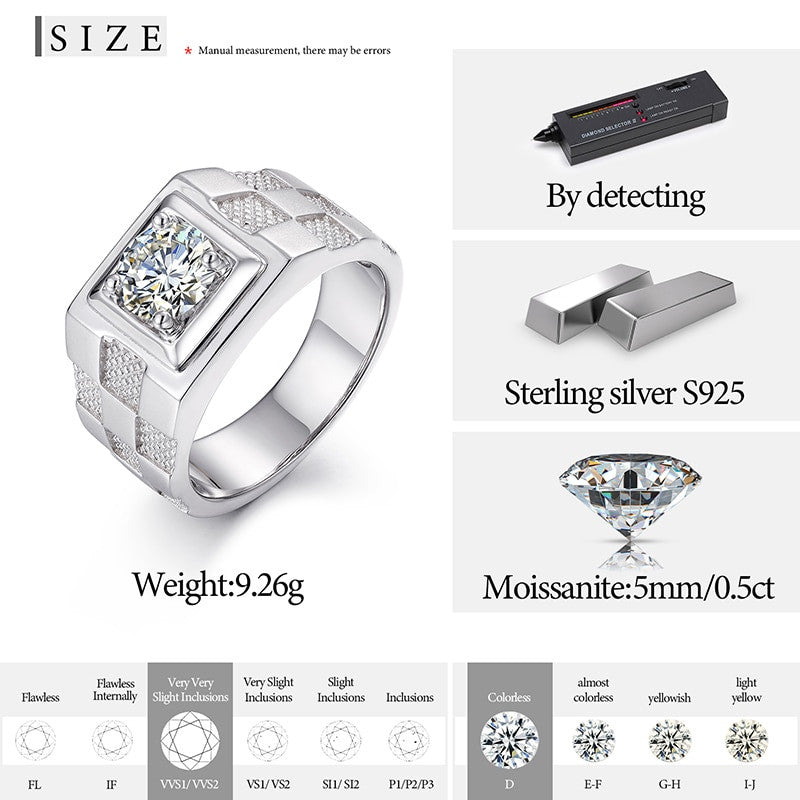 Mens Genuine VVS Lab Diamond Centerstone Rhombus Solid Sterling Silver Hip Hop Rings