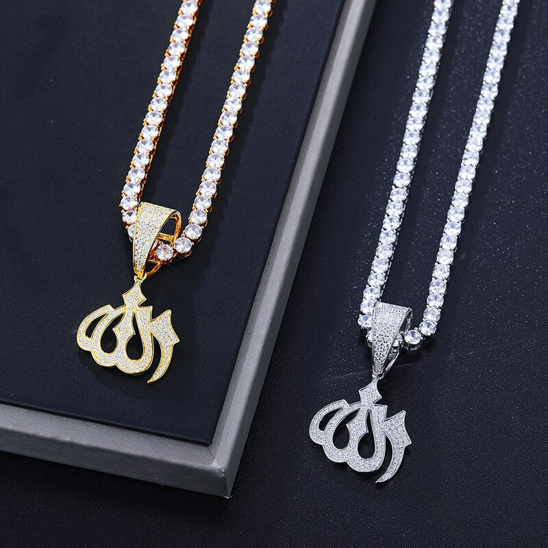 18k Gold Over Solid Sterling Silver VVS Genuine Diamond Allah Hip Hop Pendant Chain