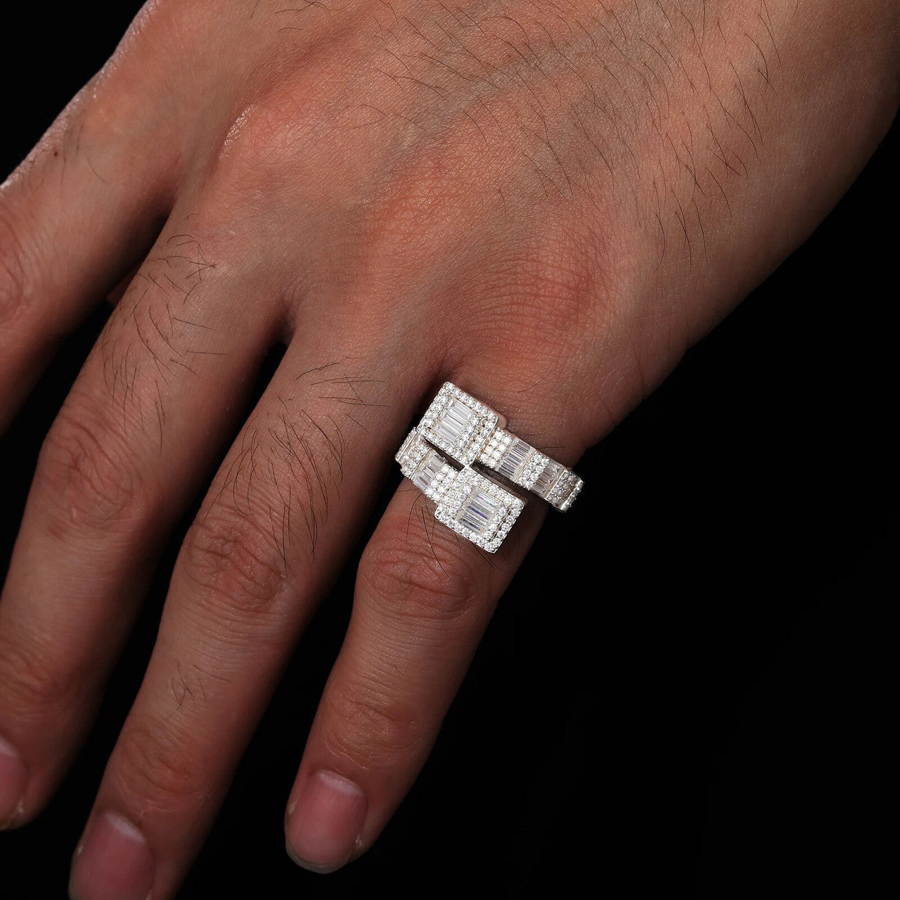Iced Solid Sterling Silver VVS Baguette Diamond Blinged Out Finger Wrap Ring