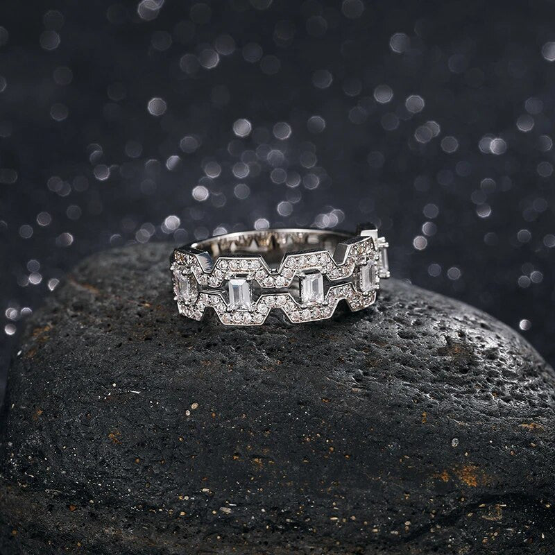 Baguette And Round Stone Luxury 18k Gold 925 Silver Iced Blinged Out Rings