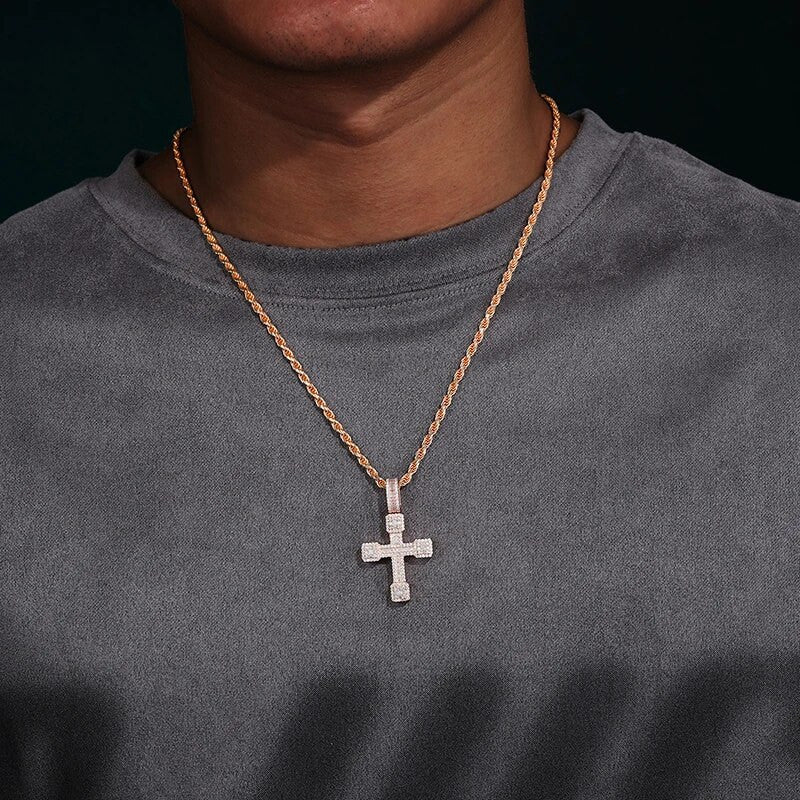 Mens Baguette Diamond Block Cross 925 Sterling Silver Hip Hop Pendant