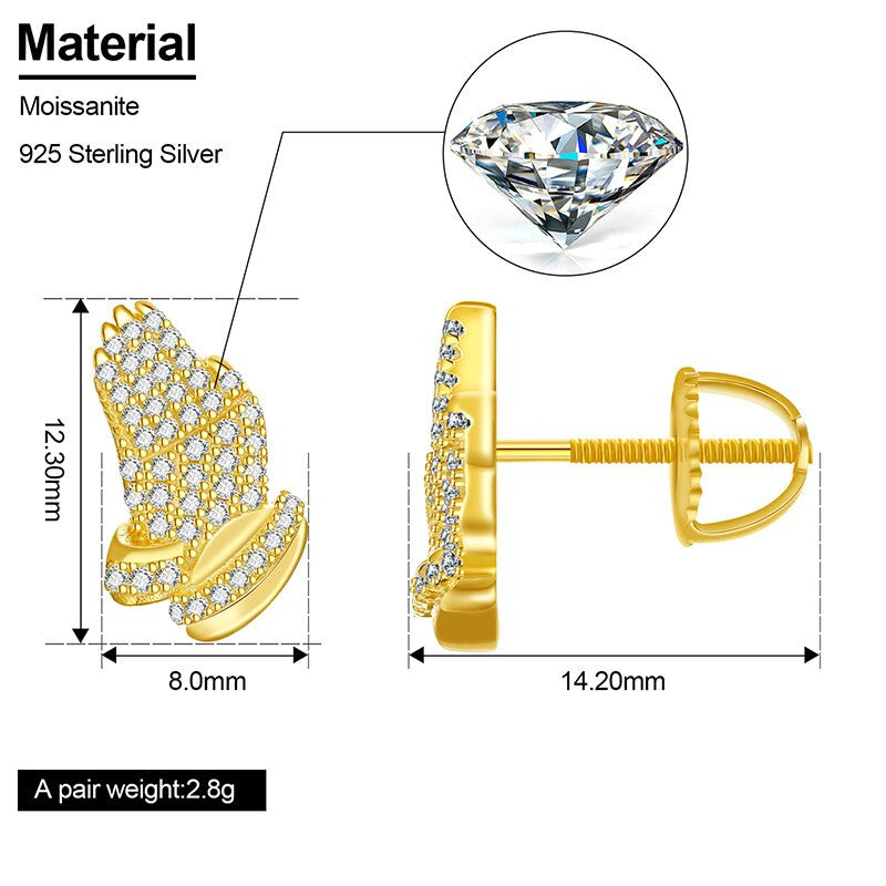 Hands Of Prayer Genuine VVS Diamond Stone Solid 925 Silver Bling Earrings