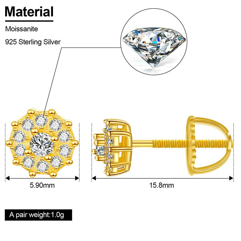 18k Gold Over Solid 925 Sterling Silver Raised Centerstone Hip Hop VVS Diamond Earrings