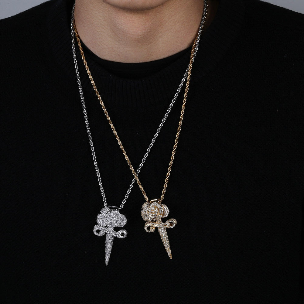 Love and War Flooded Ice Rose Flower Dagger 14k Gold 925 Silver Hip Hop Pendant Chain Necklace