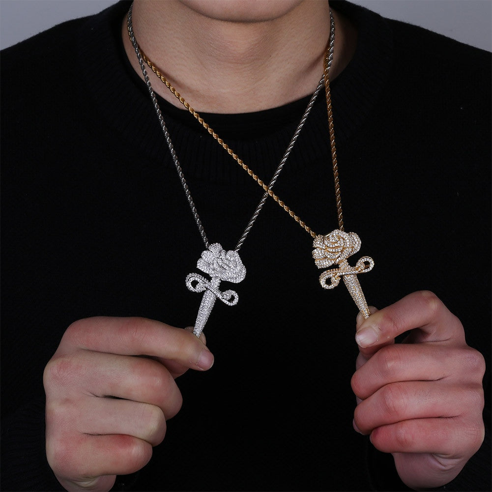 Love and War Flooded Ice Rose Flower Dagger 14k Gold 925 Silver Hip Hop Pendant Chain Necklace