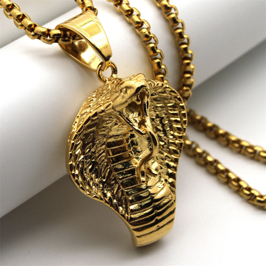 Mens No Fade 14k Gold Over Stainless Steel King Cobra Snake Pendant Chain Necklace