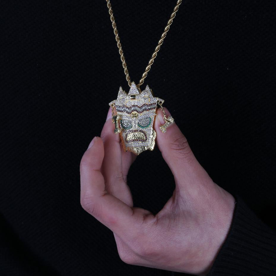 Flooded Ice AAA Micro Pave UKA UKA 18k Gold Mask Solid Pendant Chain Necklace