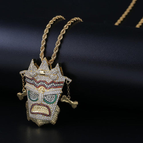 Flooded Ice AAA Micro Pave UKA UKA 18k Gold Mask Solid Pendant Chain Necklace