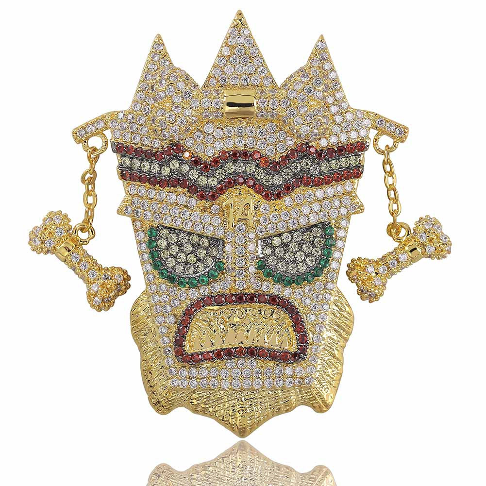Flooded Ice AAA Micro Pave UKA UKA 18k Gold Mask Solid Pendant Chain Necklace