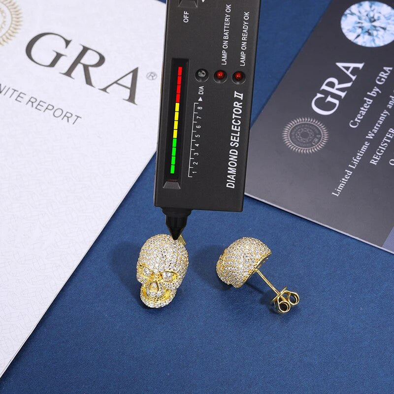 Mens Iced Blinged Out VVS Diamond Skull Solid Sterling Silver Hip Hop Earrings