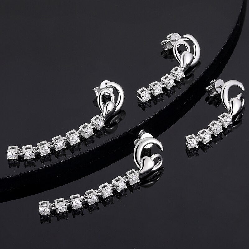 Ladies Heart VVS Diamond Tassel Solid 925 Sterling Silver Bling Earrings