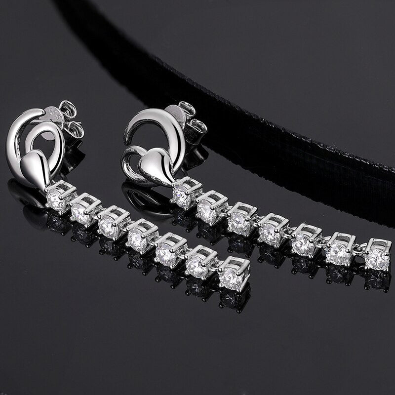 Ladies Heart VVS Diamond Tassel Solid 925 Sterling Silver Bling Earrings