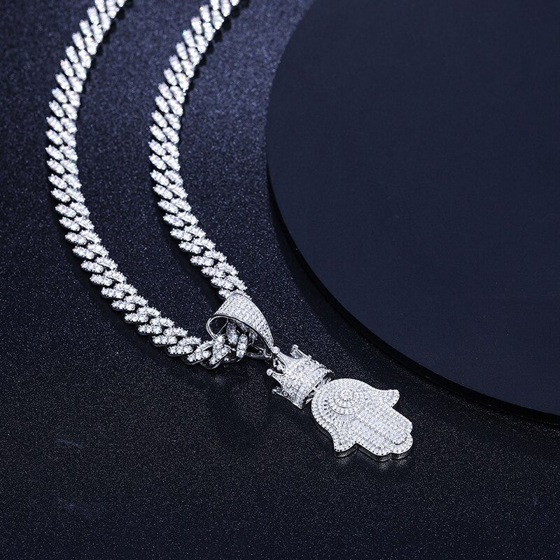 Mens Iced Blinged Out Hamsa Hand Kings Crown 925 Silver Genuine VVS Diamond Pendant