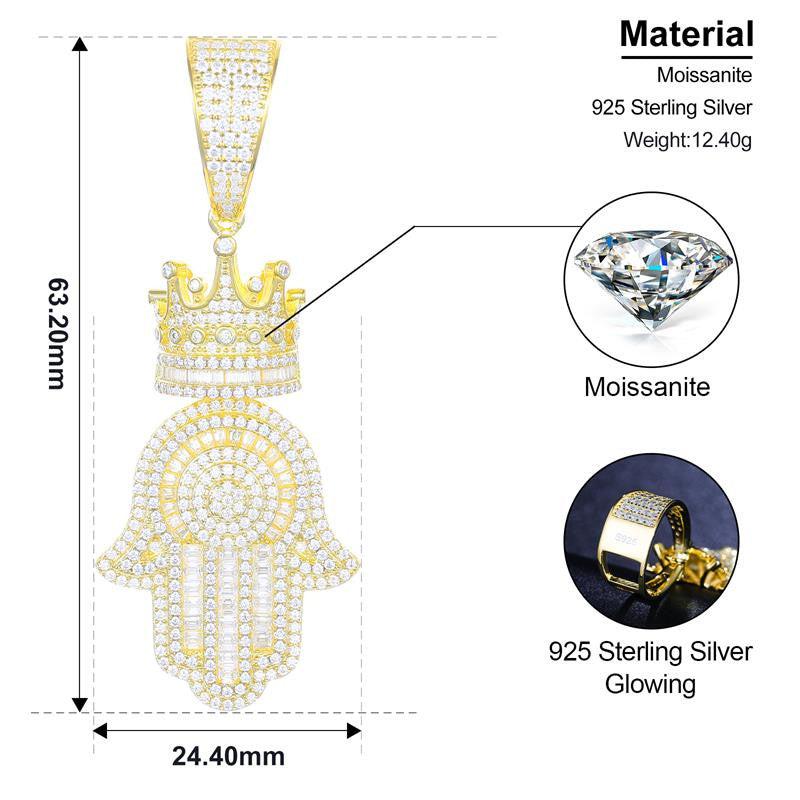 Mens Iced Blinged Out Hamsa Hand Kings Crown 925 Silver Genuine VVS Diamond Pendant