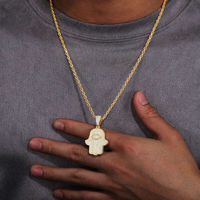 Hamsa Eye | VVS Moissanite Diamond Sterling Silver Hamsa Hand Of Protection Iced Pendant