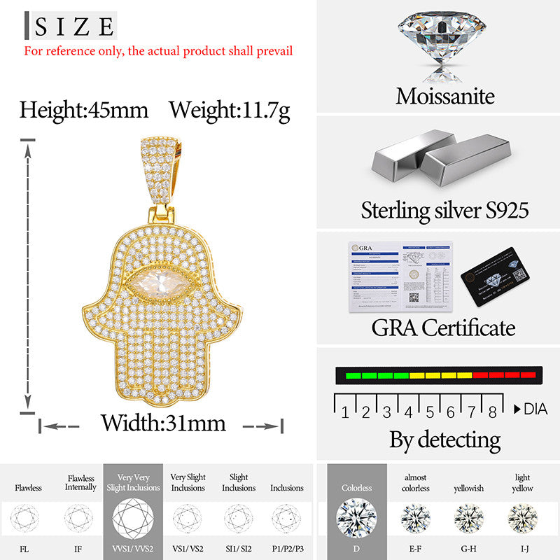 Hamsa Eye | VVS Moissanite Diamond Sterling Silver Hamsa Hand Of Protection Iced Pendant