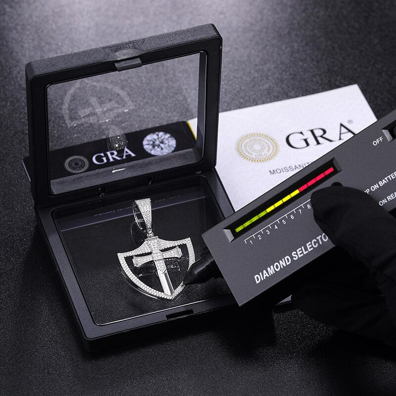 Genuine VVS Lab Diamond Shield Of Faith Cross Solid Sterling Silver Hip Hop Chains